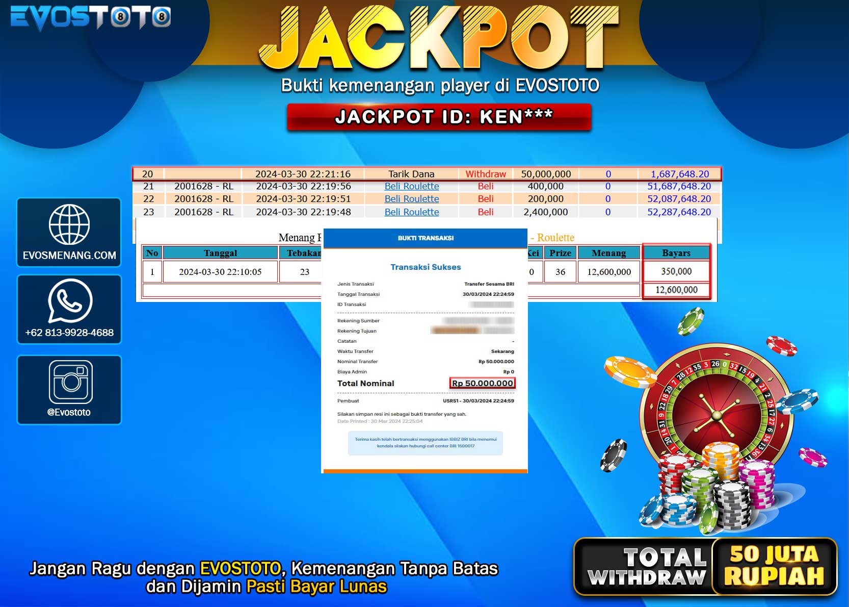 PEMBAYARAN JACKPOT LIVE GAME ROULETTE 50.000.000 DI BAYAR LANGSUNG !