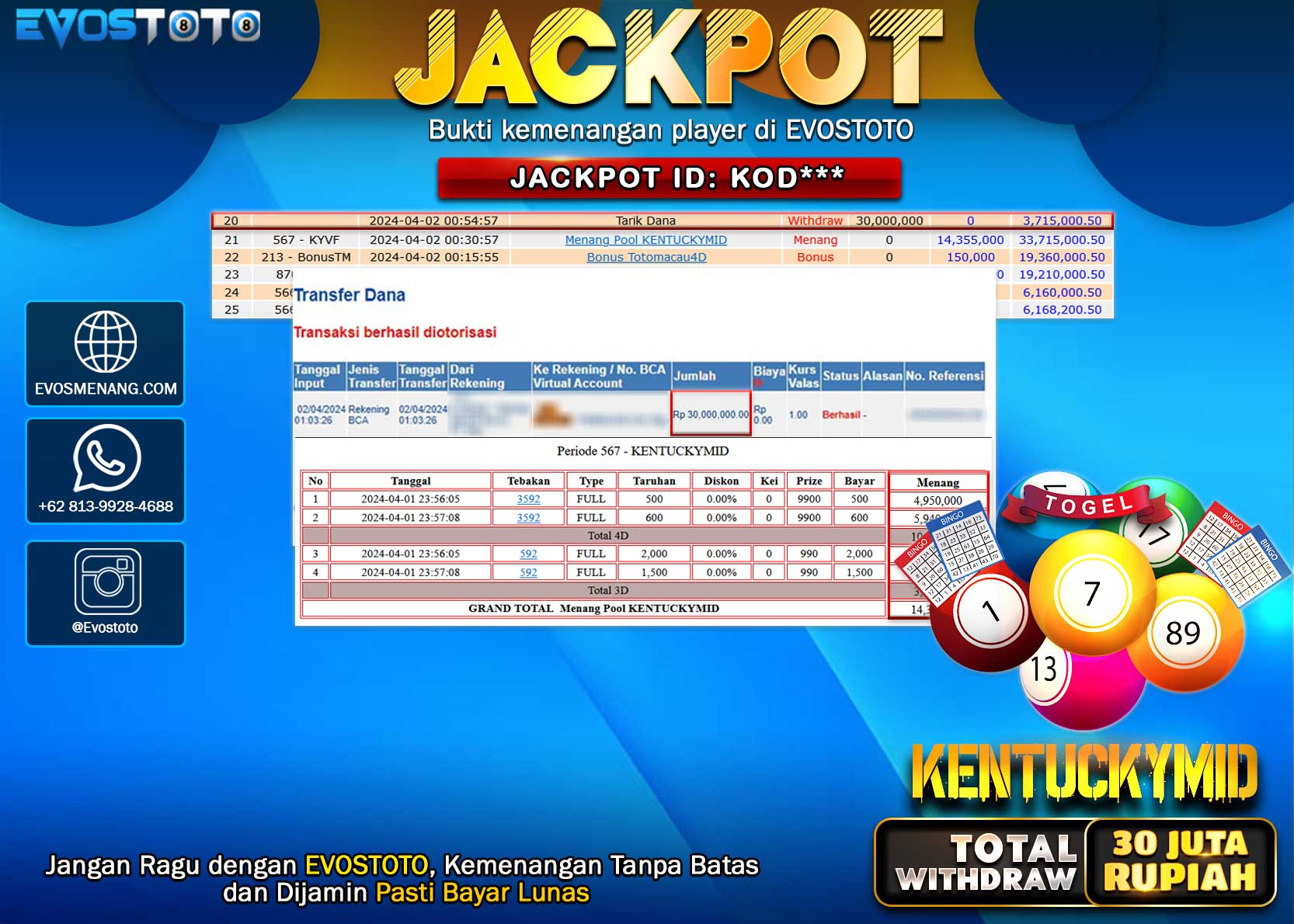 PEMBAYARAN JACKPOT POOL KENTUCKYMID 30.000.000 DI BAYAR LANGSUNG !
