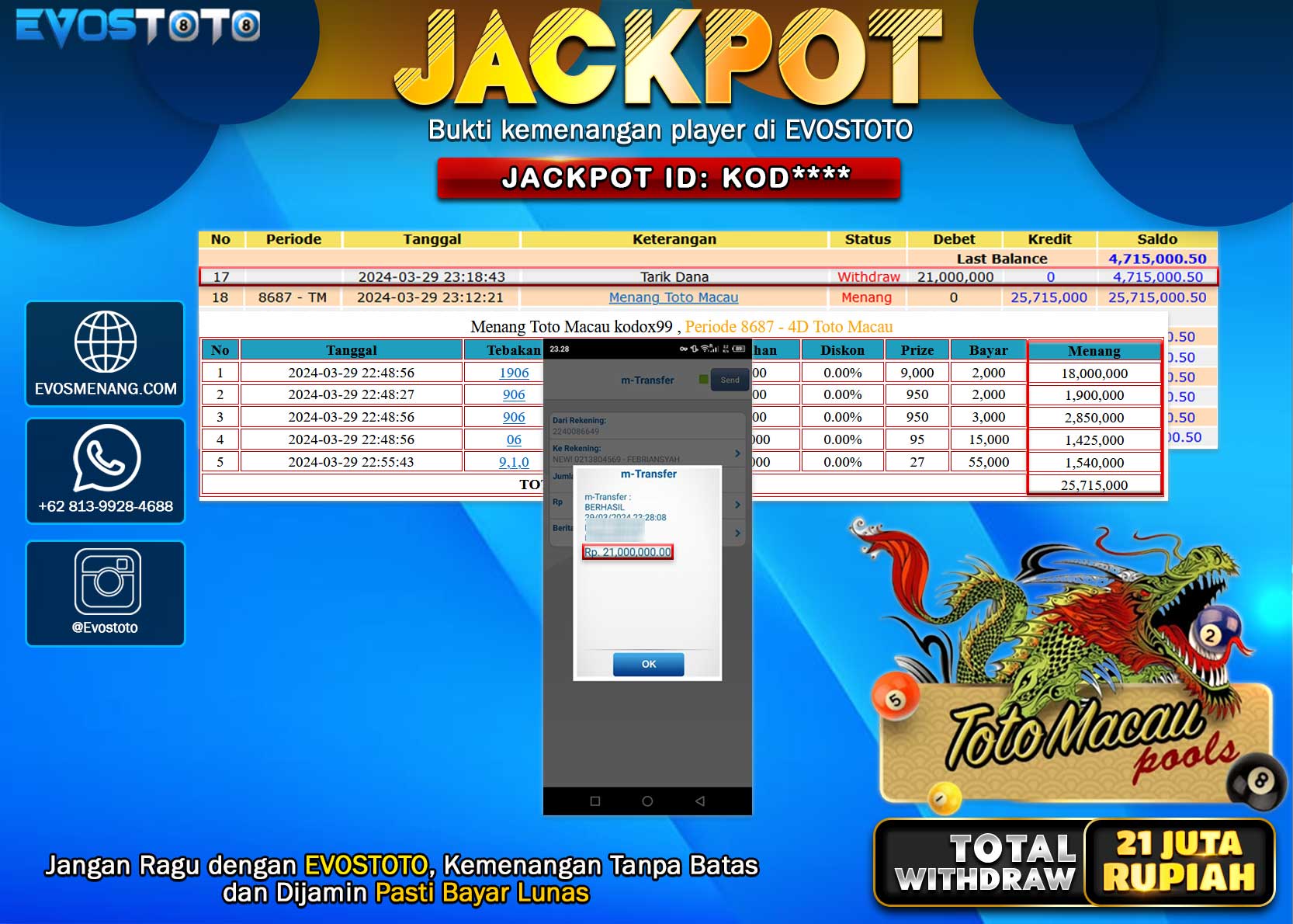 PEMBAYARAN JACKPOT POOL TOTO MACAU 4D 21.000.000 DI BAYAR LANGSUNG !