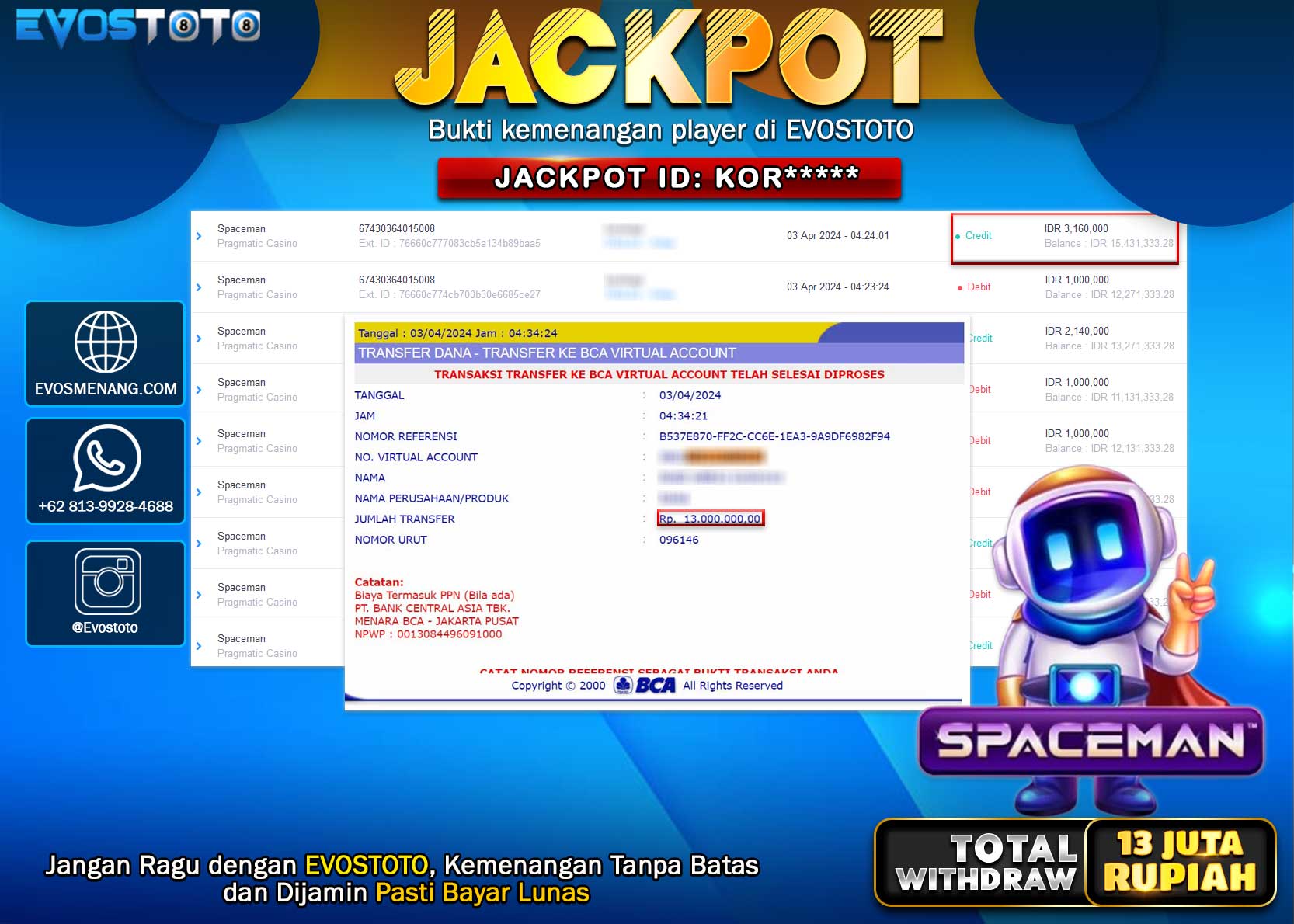 PEMBAYARAN JACKPOT SPACEMAN 13.000.000 DI BAYAR LANGSUNG !