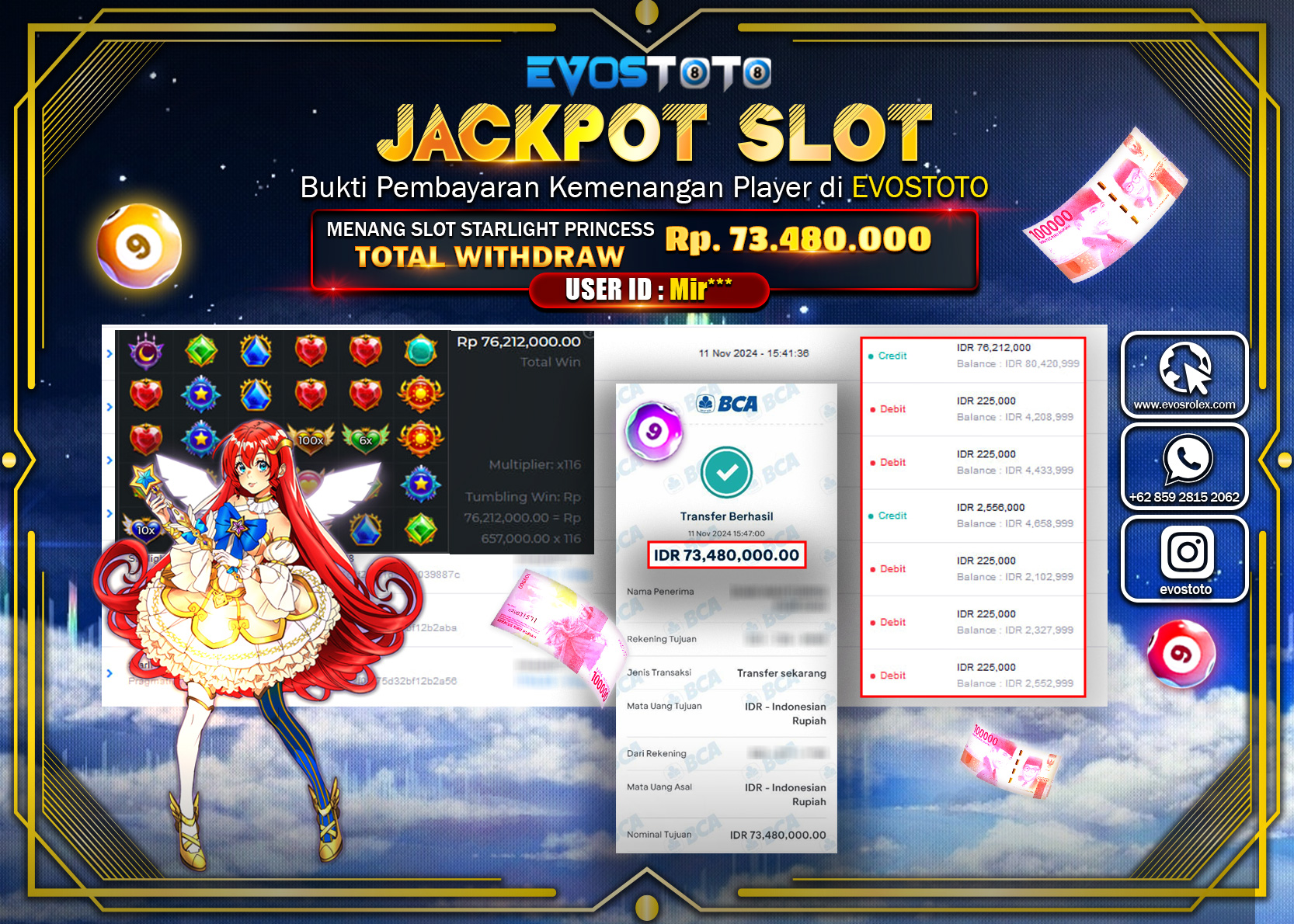 PEMBAYARAN JACKPOT SLOT STARLIGHT PRINCESS 73.480.000 DI BAYAR LANGSUNG !