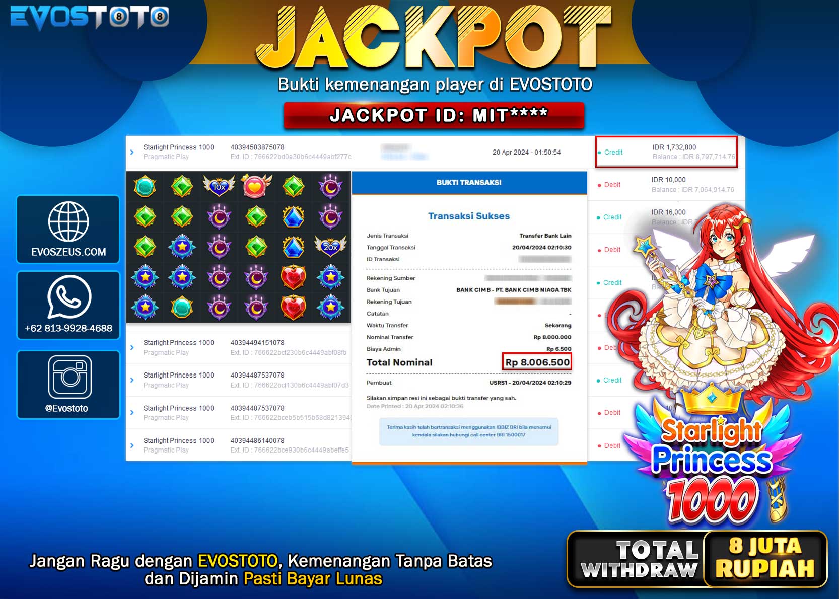 PEMBAYARAN JACKPOT SLOT STARLIGHT PRINCESS 1000 8.000.000 DI BAYAR LANGSUNG !