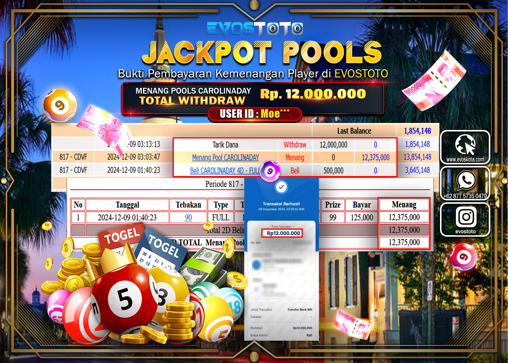 PEMBAYARAN JACKPOT POOLS CAROLINADAY Rp.12.000.000 DI BAYAR LANGSUNG !