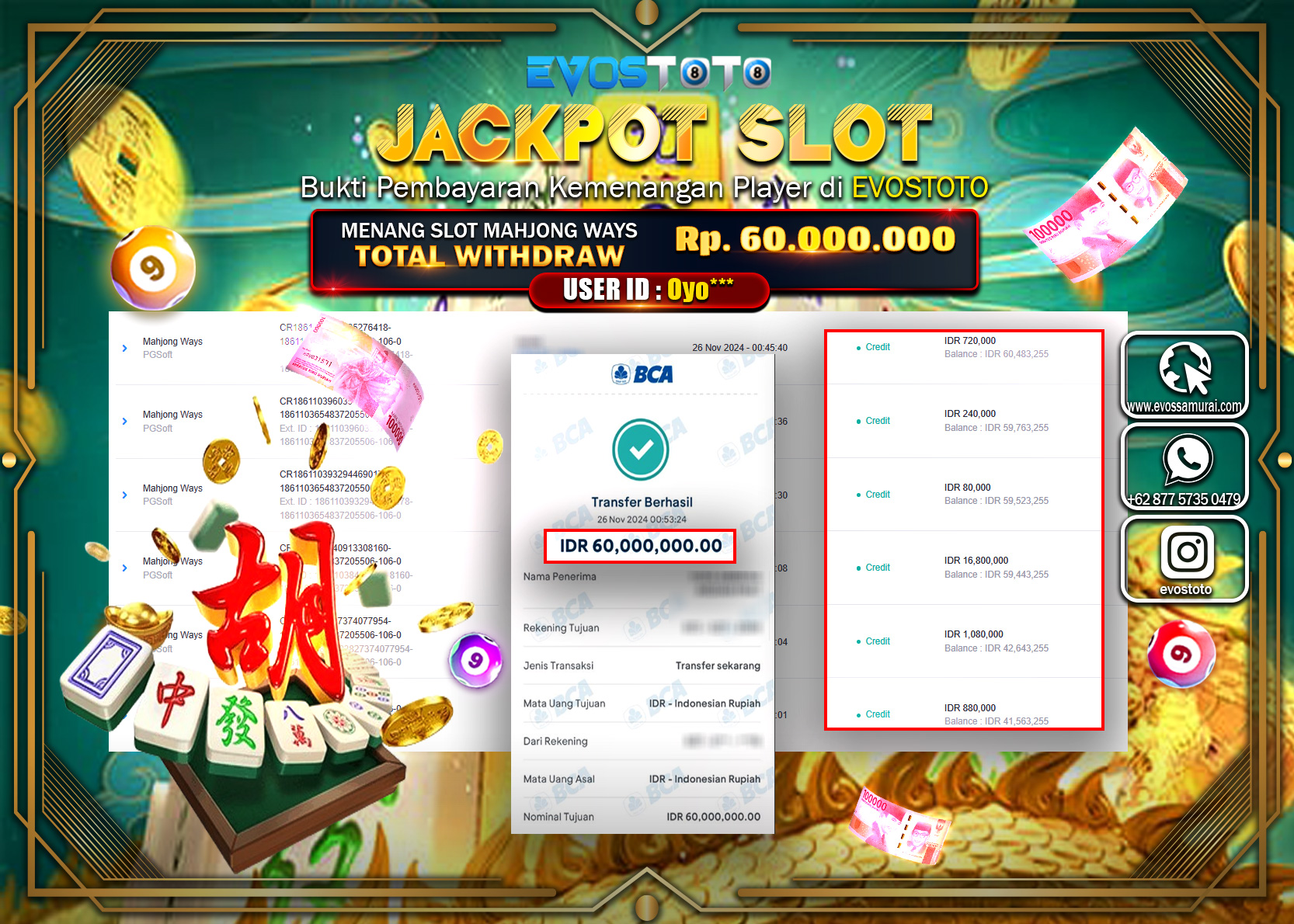 PEMBAYARAN JACKPOT SLOT MAHJJONG WAYS  60.000.000 DI BAYAR LANGSUNG !