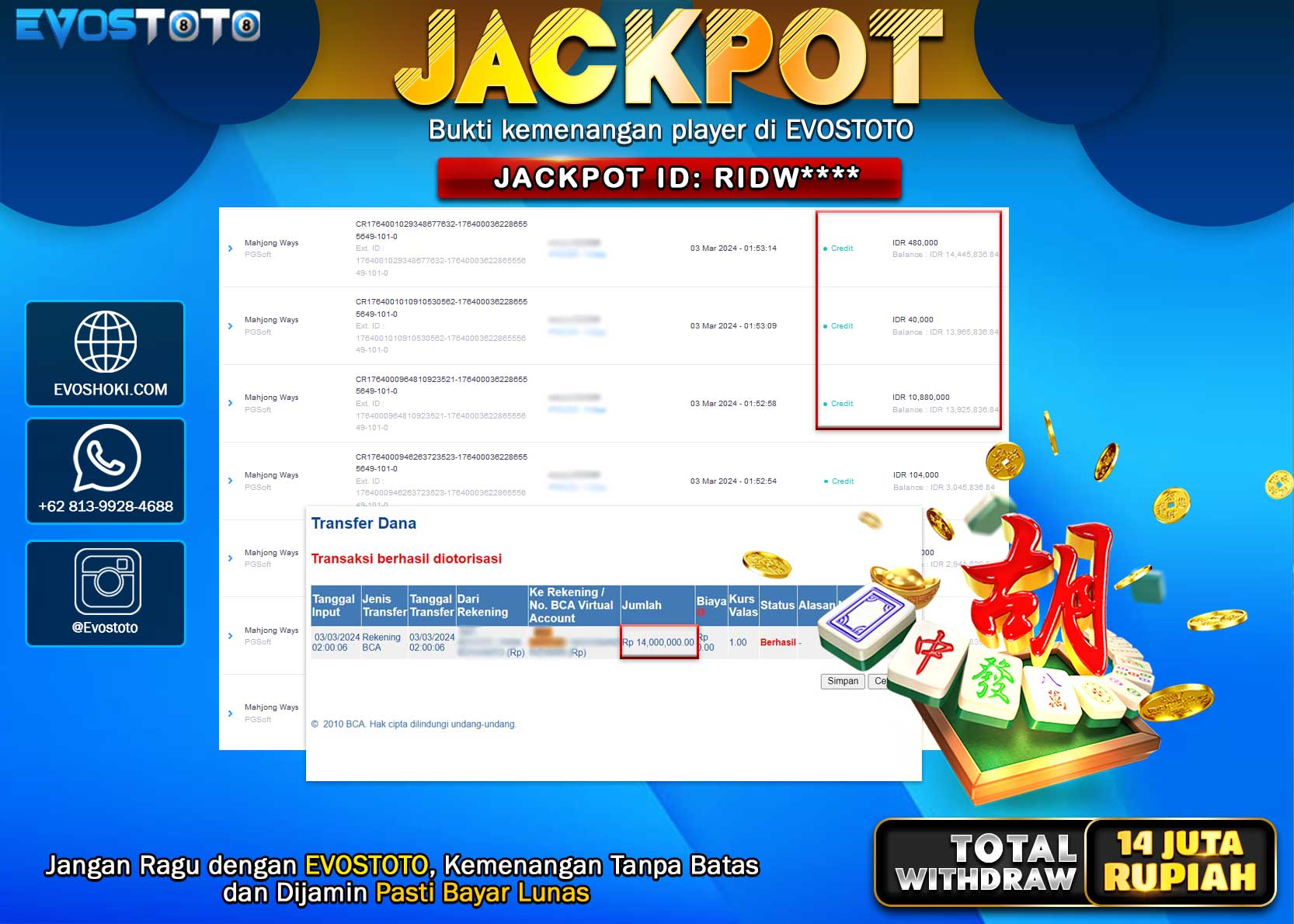 PEMBAYARAN JACKPOT SLOT MAHJONG WAYS   14.000.000 DI BAYAR LANGSUNG !