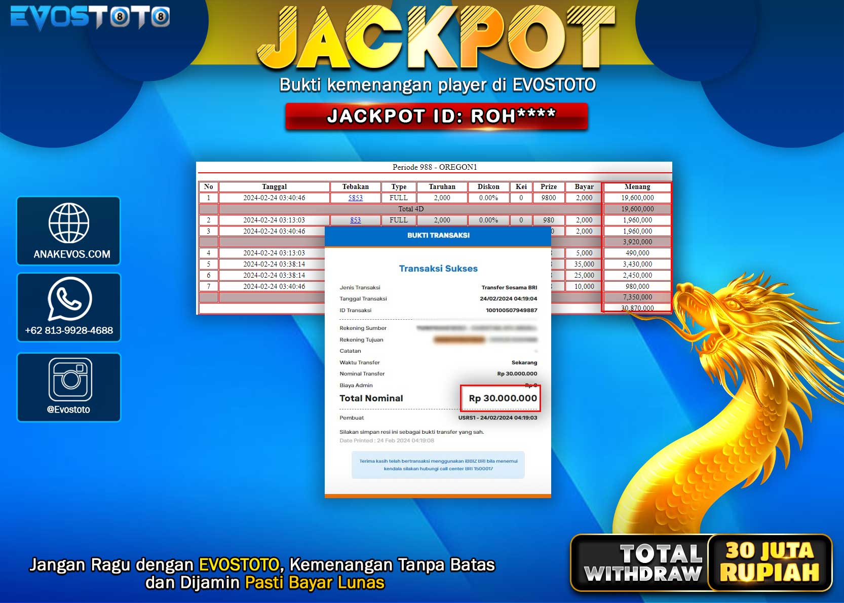 PEMBAYARAN JACKPOT POOL OREGON 30.000.000 DI BAYAR LANGSUNG !