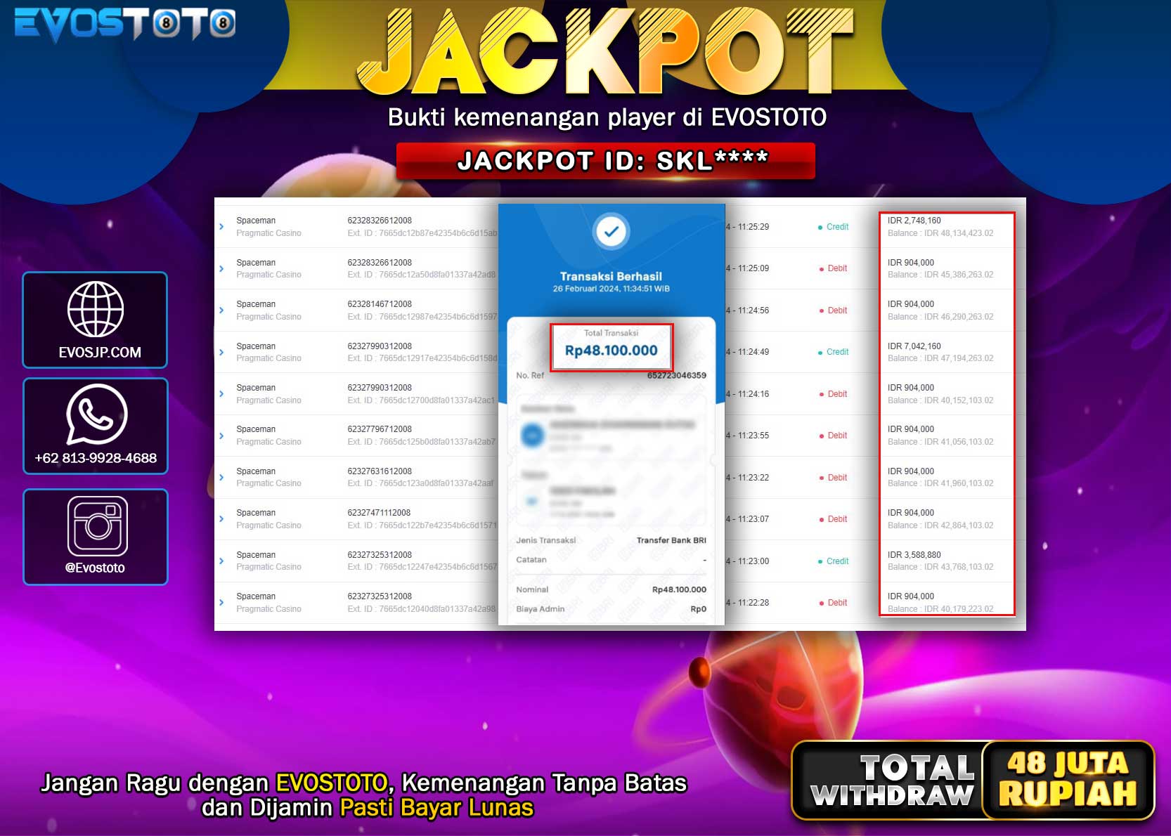 PEMBAYARAN JACKPOT SPACEMAN  48.100.000 DI BAYAR LANGSUNG !