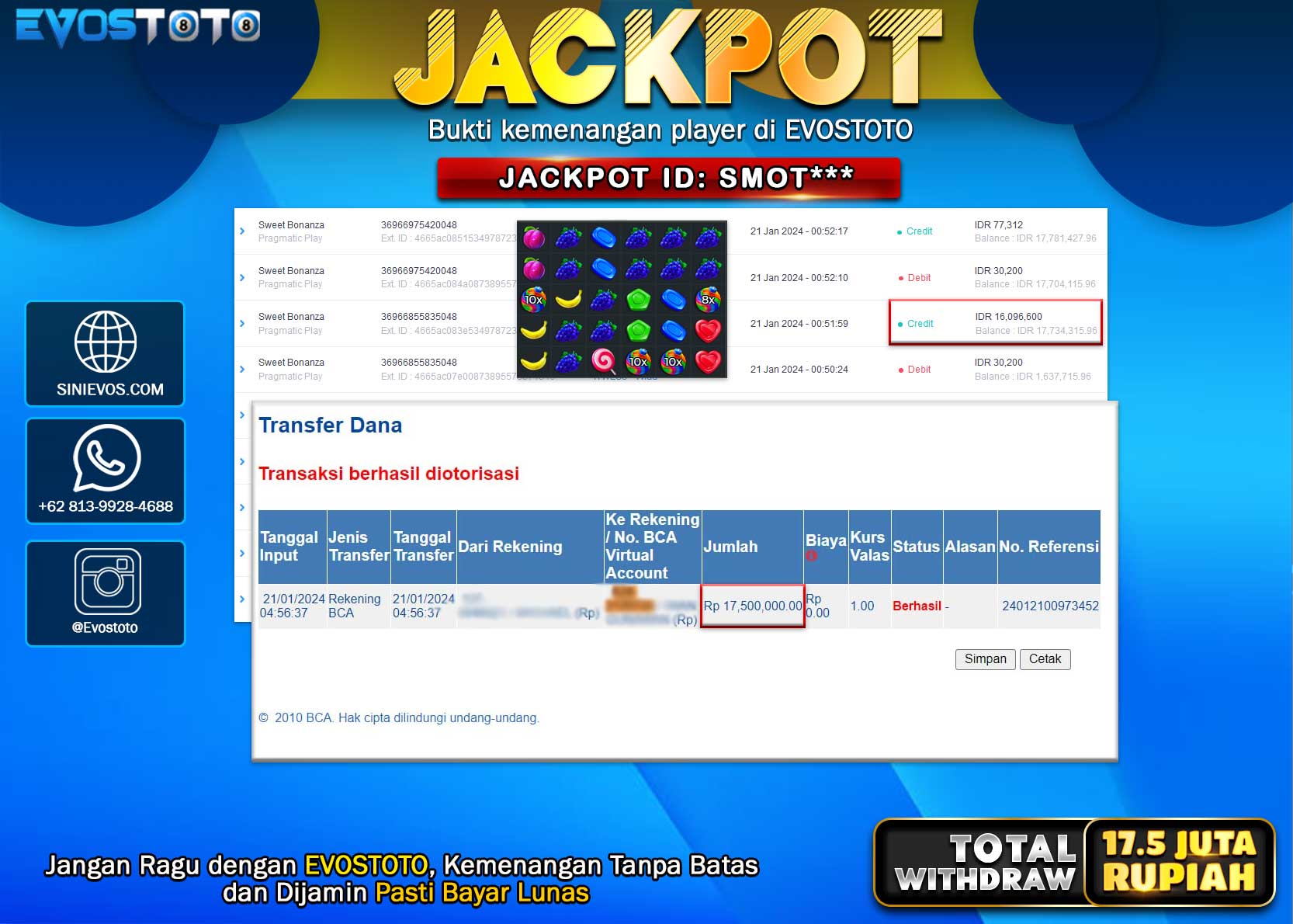 PEMBAYARAN JACKPOT SLOT SWEET BONANZA 17.500.000 DI BAYAR LANGSUNG !