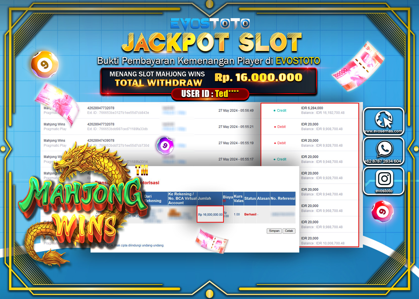 PEMBAYARAN JACKPOT SLOT MAHJONG WINS 16.000.000 DI BAYAR LANGSUNG !