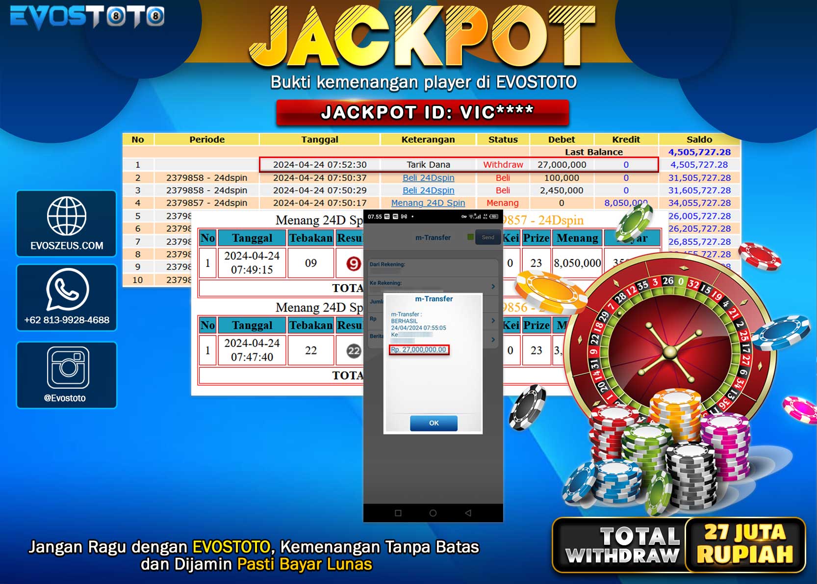 PEMBAYARAN JACKPOT LIVE GAME 24D SPIN 27.000.000 DI BAYAR LANGSUNG !