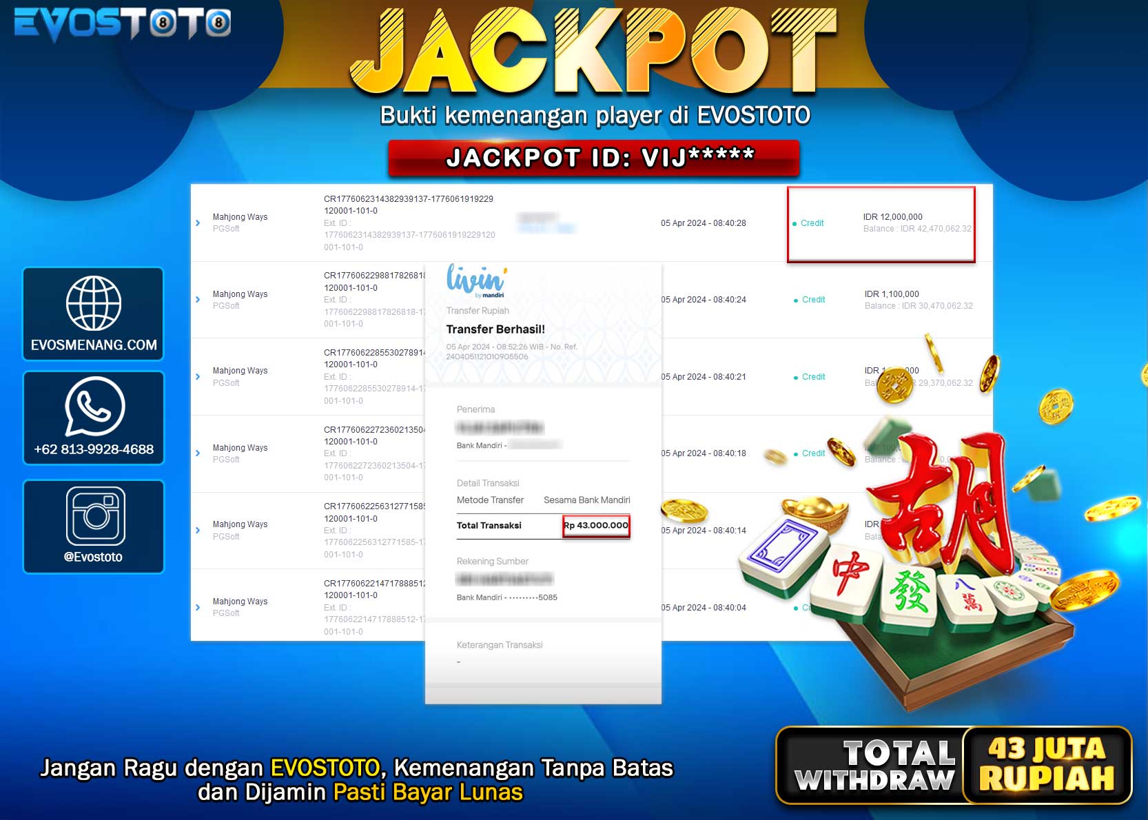 PEMBAYARAN JACKPOT SLOT MAHJONG WAYS 43.000.000 DI BAYAR LANGSUNG !
