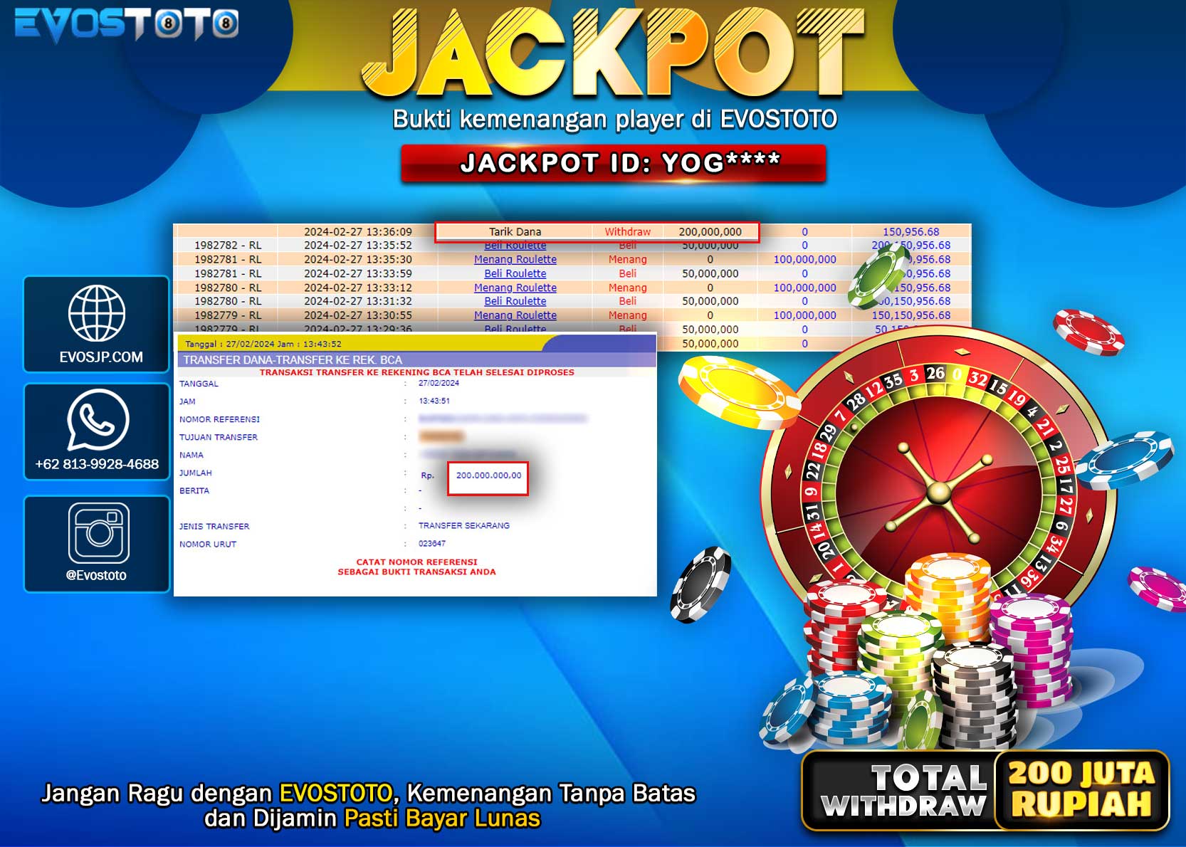 PEMBAYARAN JACKPOT LIVE GAME ROULETTE 200.000.000 DI BAYAR LANGSUNG !