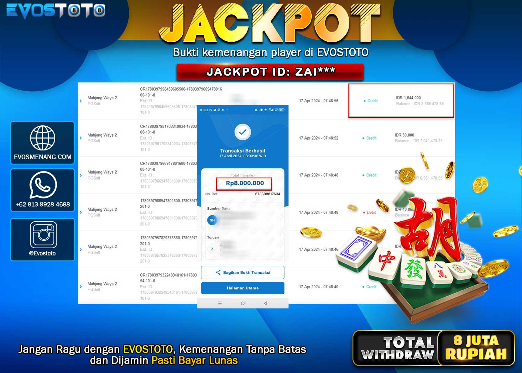 PEMBAYARAN JACKPOT SLOT MAHJONG WAYS 2 8.000.000 DI BAYAR LANGSUNG !