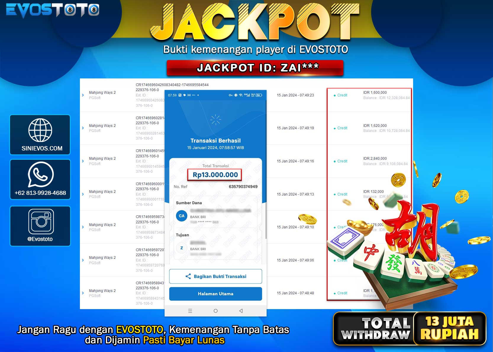 PEMBAYARAN JACKPOT SLOT MAHJONG WAYS 2 13.000.000 DI BAYAR LANGSUNG !